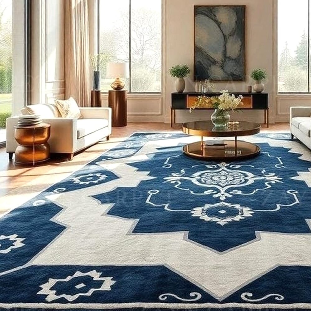 Handcrafted Blue Traditional Pattern Living Room Rug